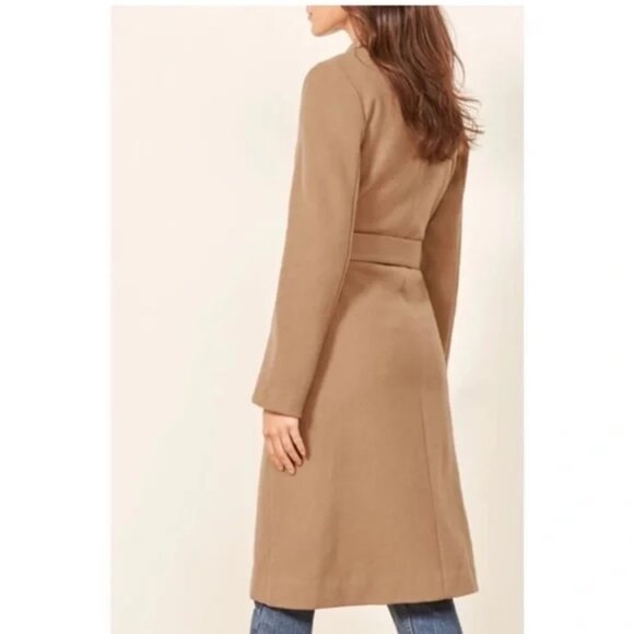 Reformation Barton Belted Wrap Wool Trench Coat Camel Tan - Picture 3 of 10